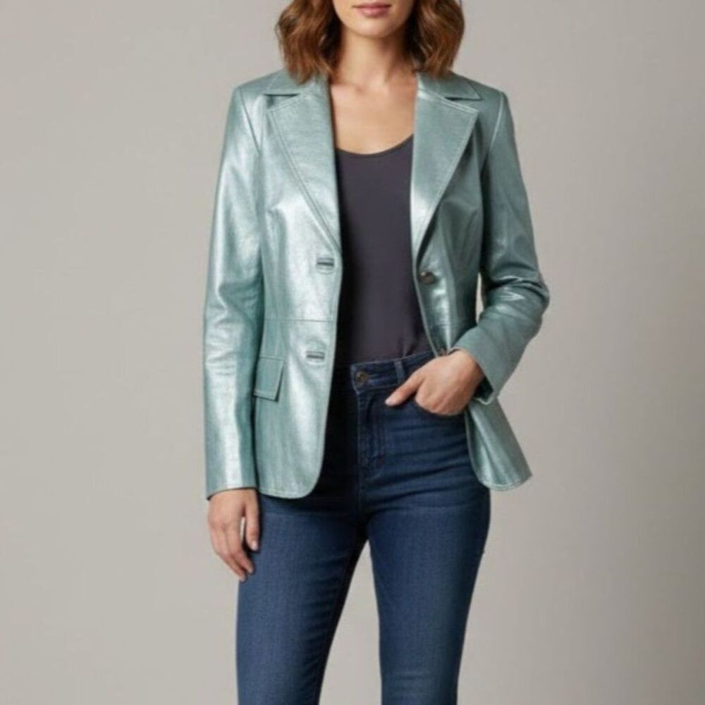 Vintage Blue Leather Jacket Blazer Women's Fitted 90s Metallic size M Bradley